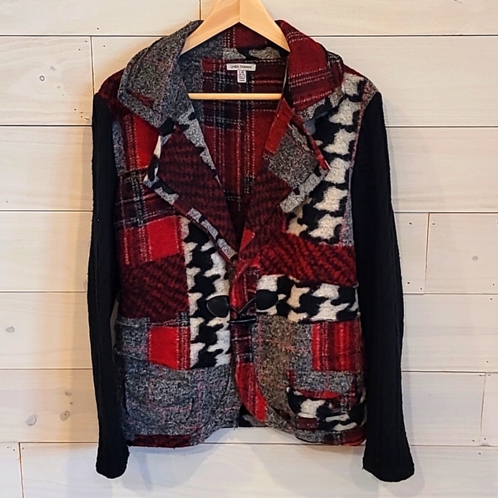 Linea Domani Womens Wool Cardigan Sweater Wool Toggle Red Black- Large